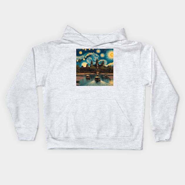 Angkor Wat, Cambodia, in the style of Vincent van Gogh's Starry Night Kids Hoodie by CreativeSparkzz